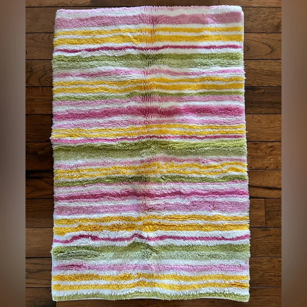 Pottery Barn Kids Striped Shag Rug in Pink, Yellow & Sage